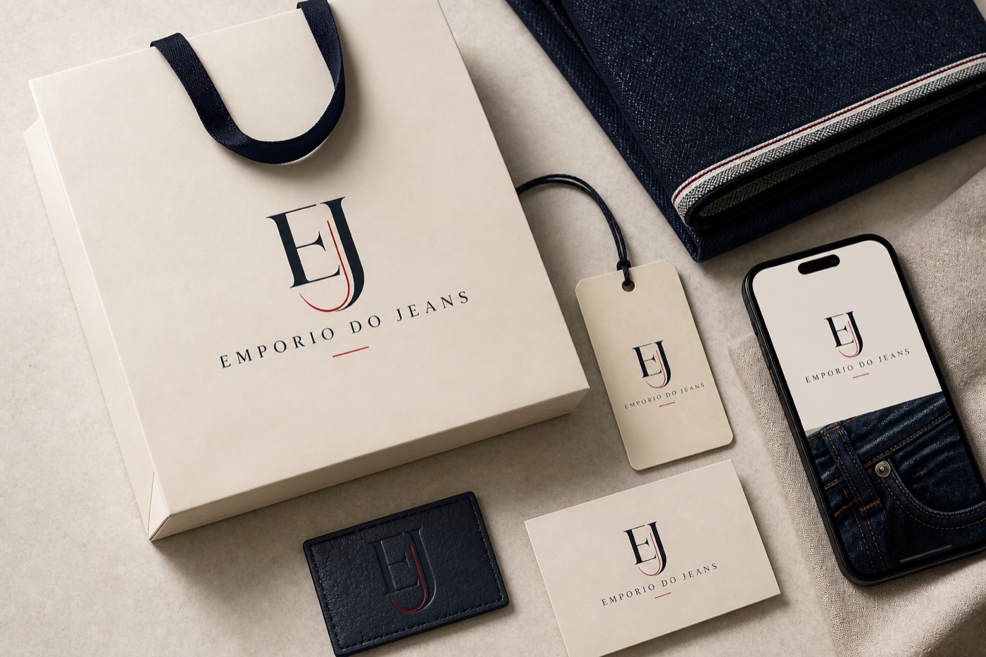 Aplicações da marca Empório do Jeans em sacola, etiqueta, cartão e mockup de celular