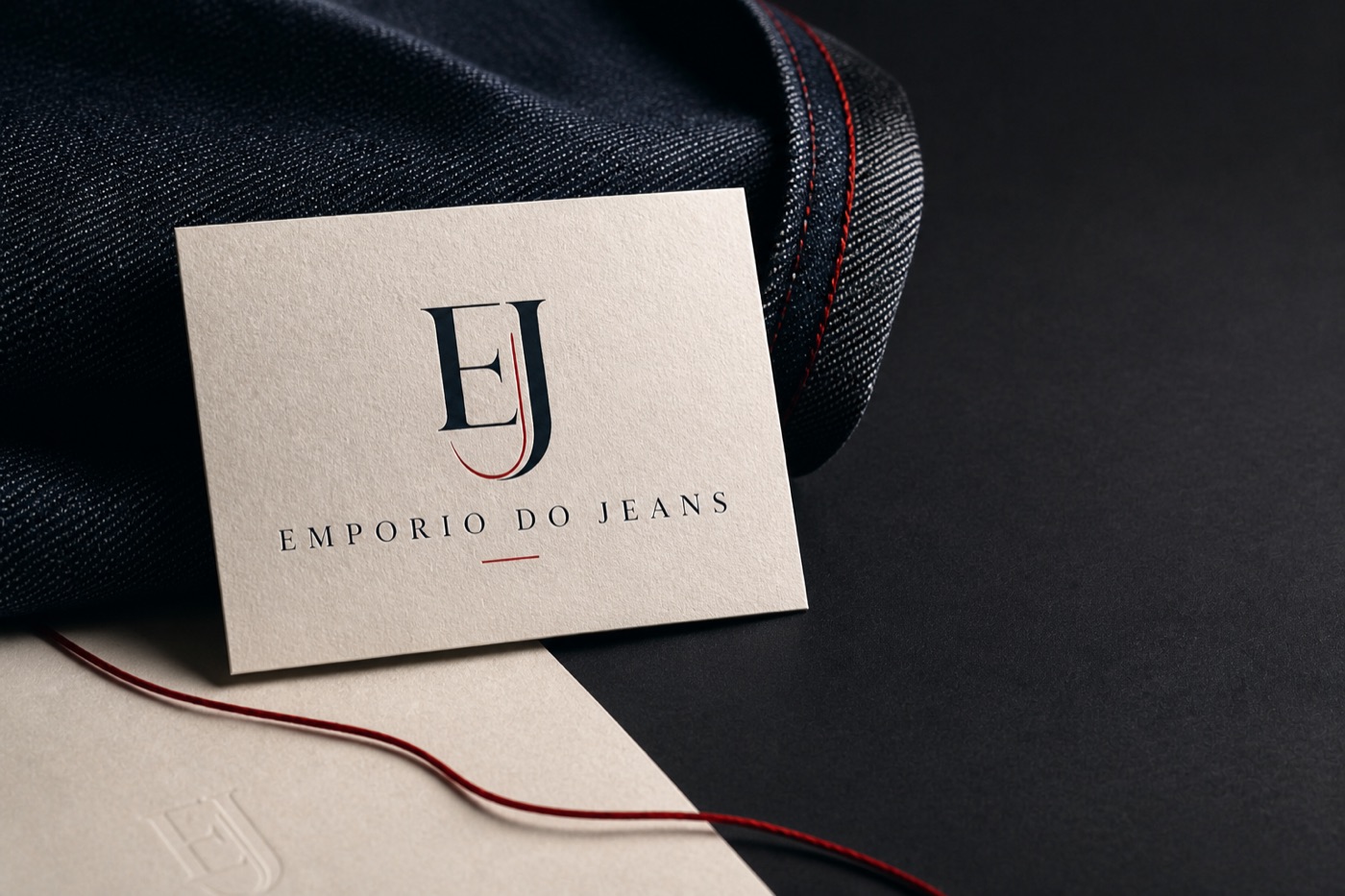 Cartão da marca Empório do Jeans sobre tecido jeans, com fio vermelho